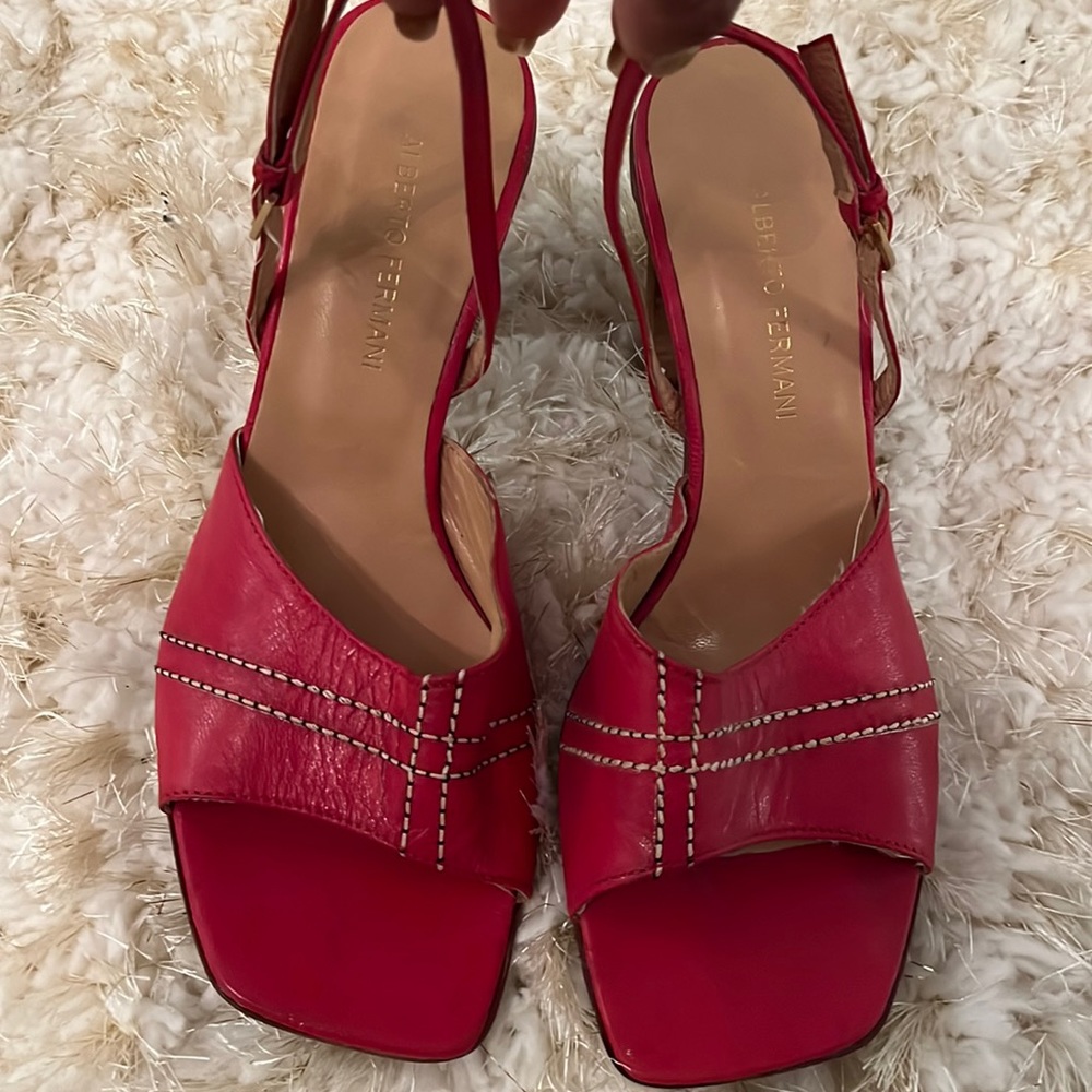 Alberto Fermani Red Leather Cross-Stitch Slingback Heels